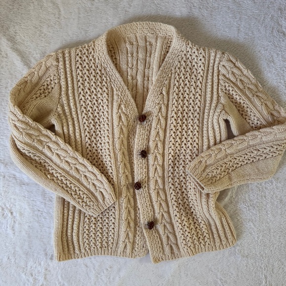 Vintage Sweaters - Vintage hand knit acrylic fisherman‎ Irish sweater leather buttons EVC size M/L
